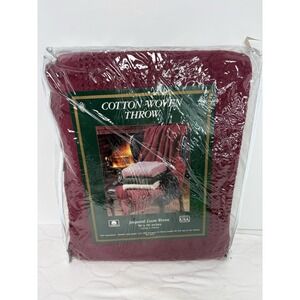 New Jacquard Cotton Loom Woven Throw Blanket Burgundy Solid Color USA Vintage